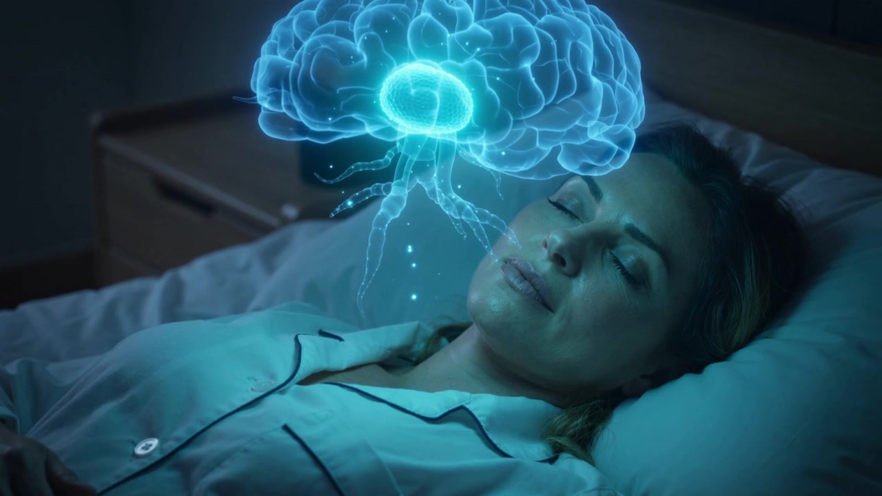 Ologramma pulsante che appare sopra una donna vestita, alterando la luce della camera da letto durante il monitoraggio del sonno.