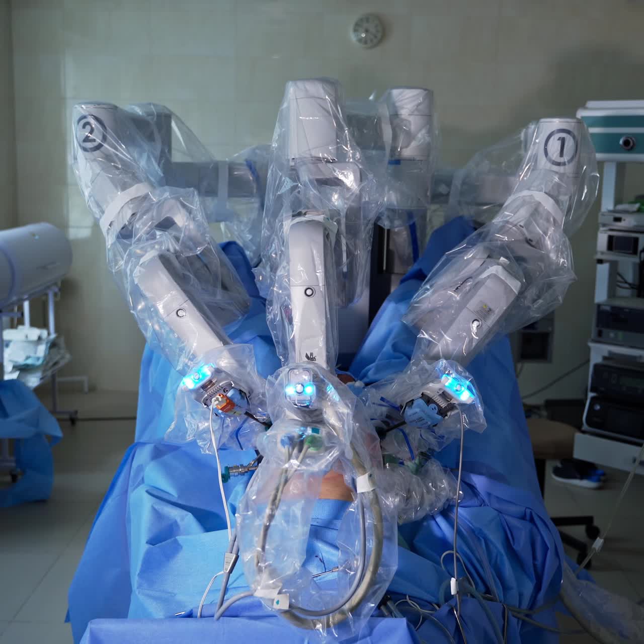 Surgery modern clinic with robot-surgeon. Medical professional surgery robot in emergency room