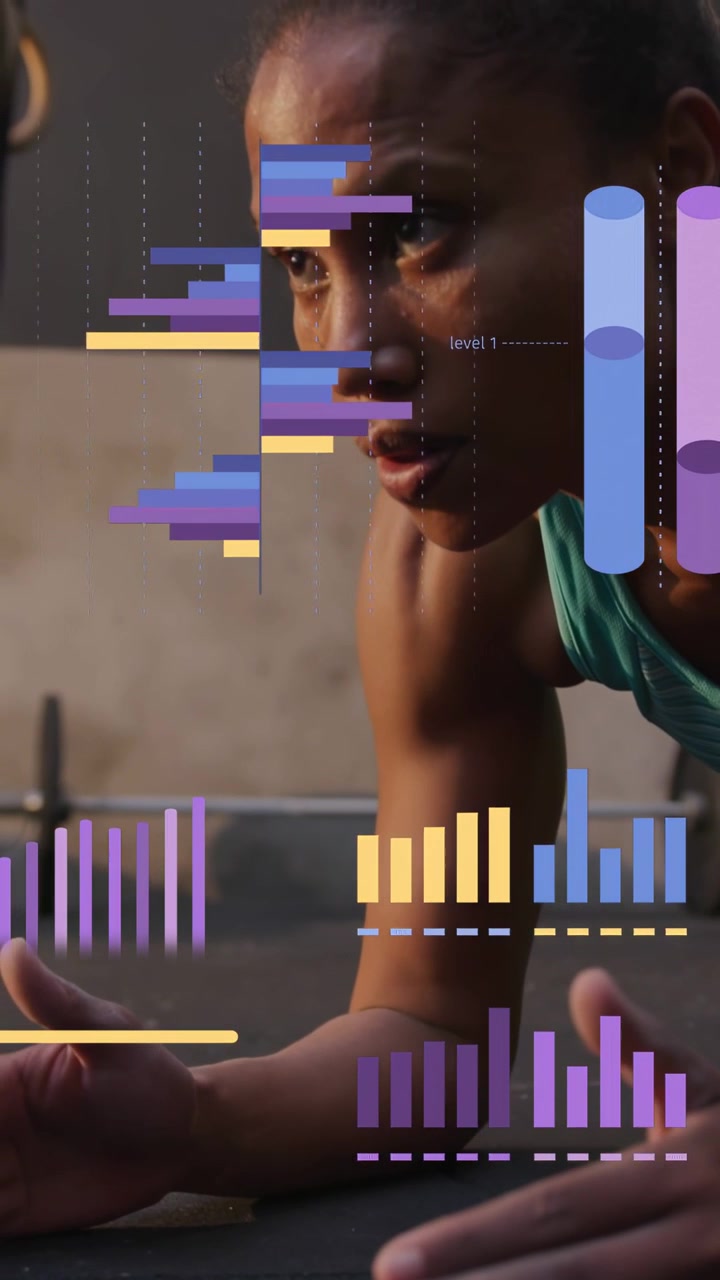 Vertical video: Woman holding forearm plank, starting fitness tracking, charts sliding over torso