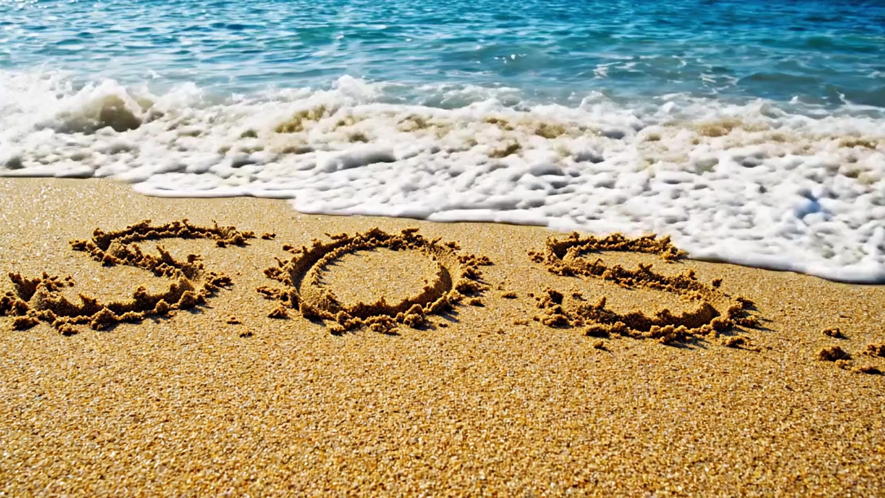 Urgent Distress Signal Written in Sand on a Beach as Waves Roll in, Symbolizing a Call for Help and the Drama of Nature Intersecting with Human Concerns