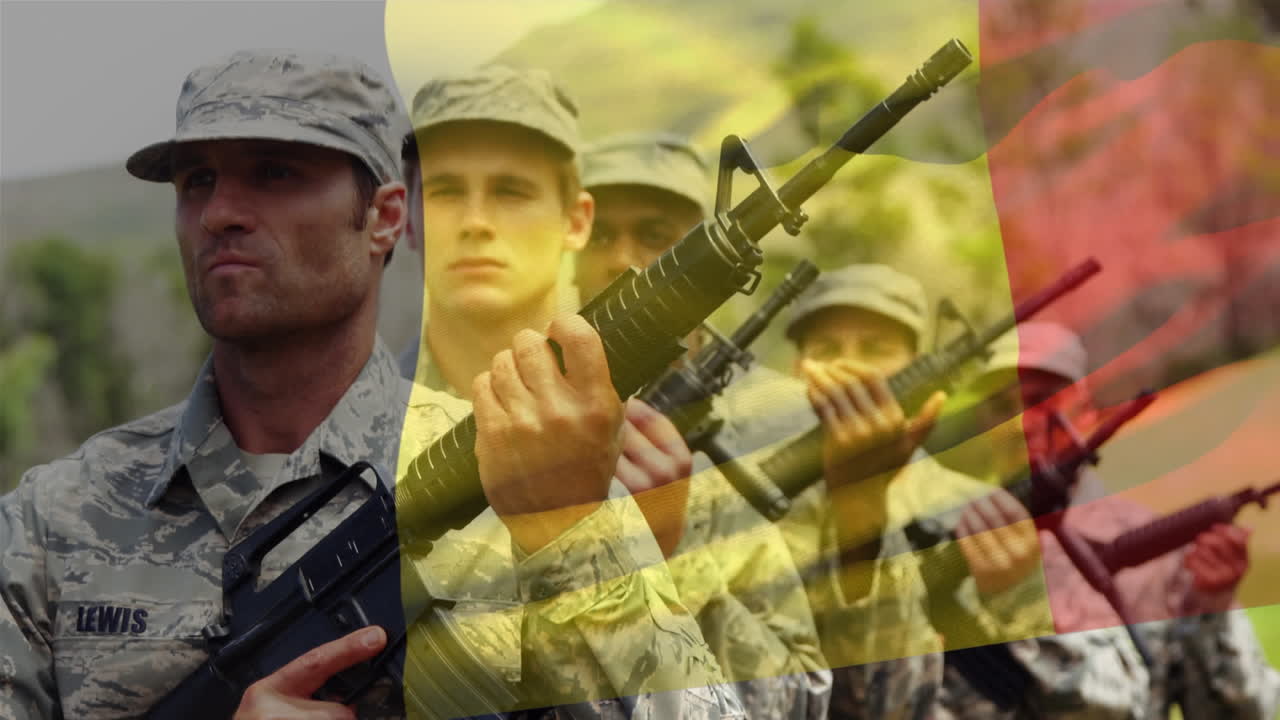 Animation of flag of belgium over soldiers