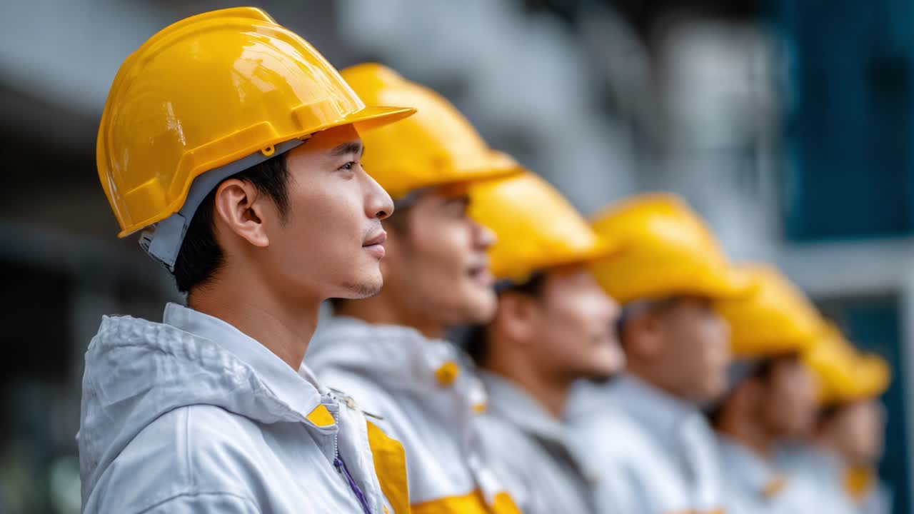 A Row of Construction Workers in Safety Gear Displaying Focus and Commitment During Their Duty, Captured in Two Frames from a Motivational Environment