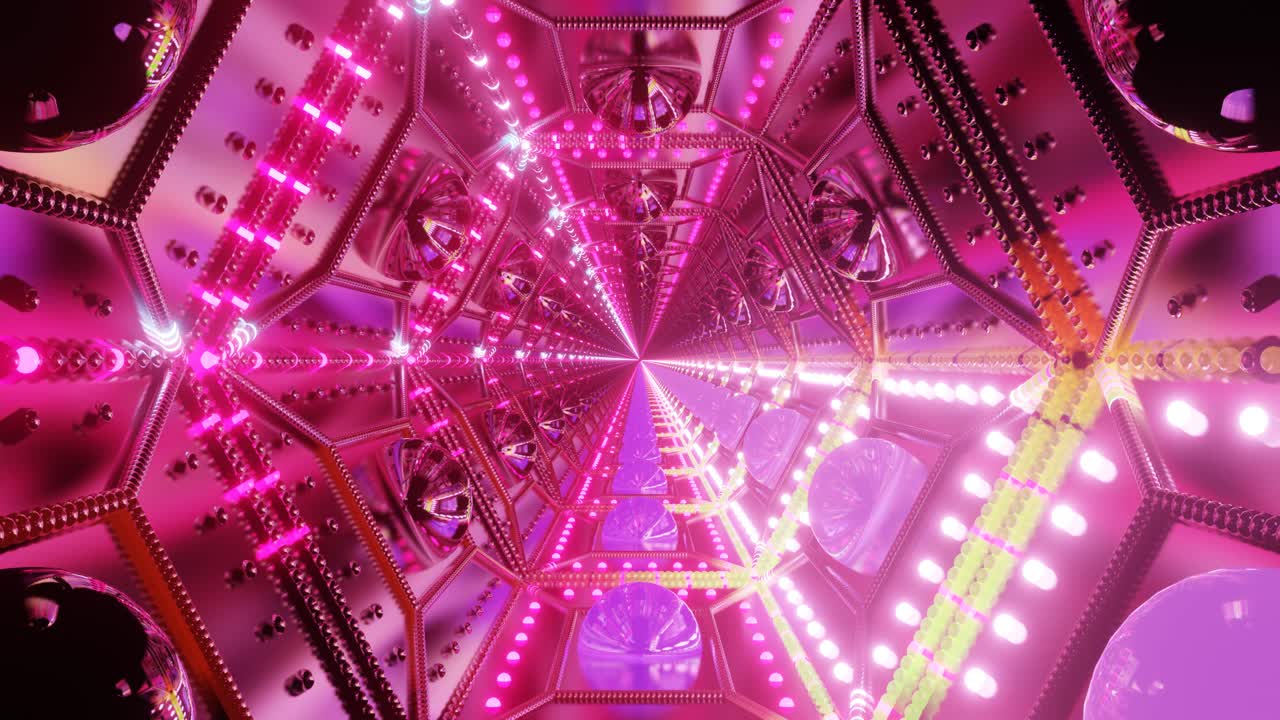 A captivating display of colorful geometric shapes and patterns creates a mesmerizing visual experience. Dynamic lighting transitions enhance the overall atmosphere, perfect for vj loops