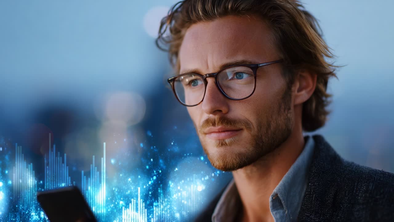 A focused man with glasses gazes intently at his smartphone, surrounded by vibrant digital elements of sound waves and data visualizations, reflecting an atmosphere of modern technology and analytics