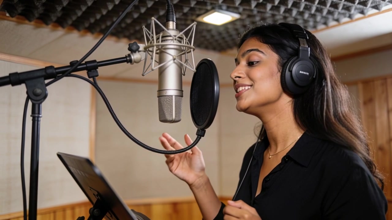 Cantante con top nero che si prepara a cantare, registra con microfono, filtro anti-pop e cuffie.