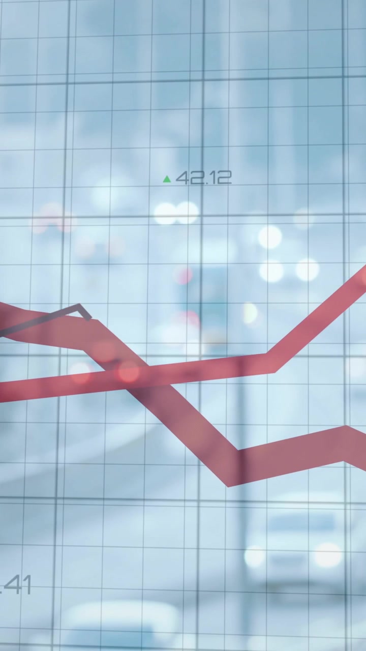 Vertical video: Grid appearing prompts red line animating through market trends over blurred street