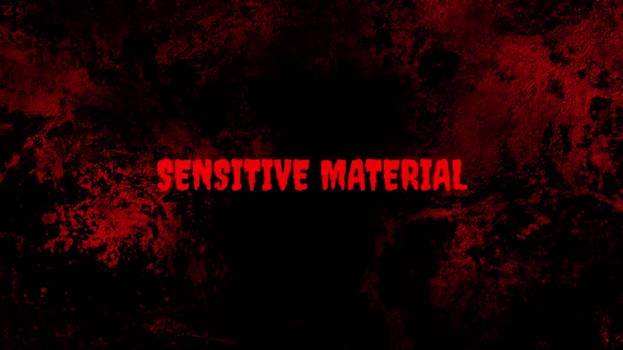 Sensitive Material Warning Text on Bloody Grunge Background