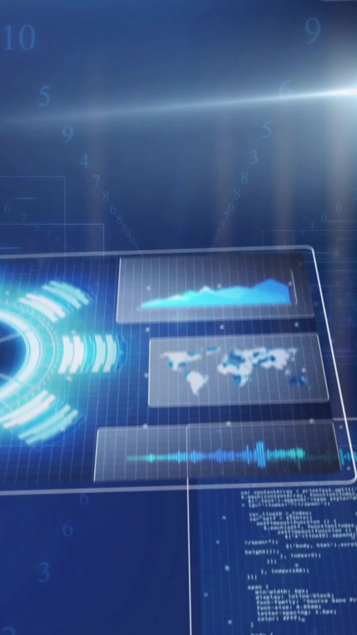 Analyzing data graphs and sound waves, digital interface on blue background
