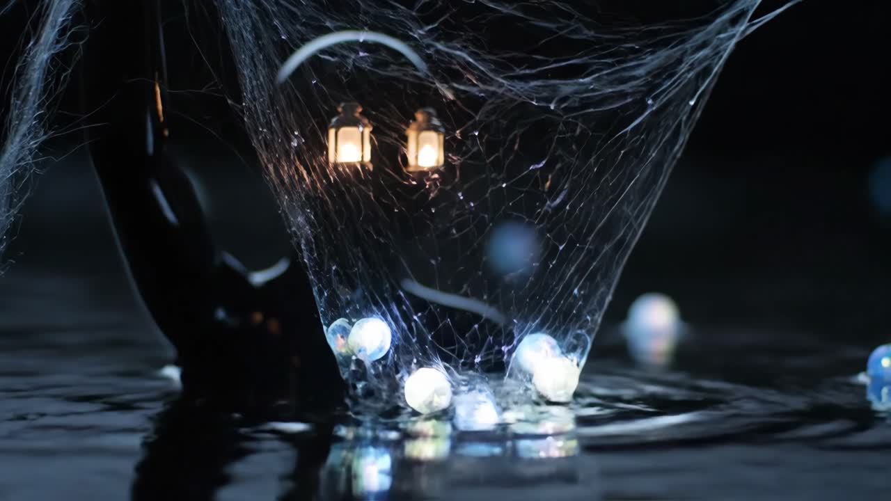 Lanterns and Orbs in a Nighttime Spiderweb
