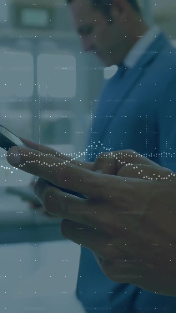 Vertical video: Woman tapping phone, causing data waveform tracking business data as man passing by