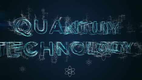 tecnología cuántica animación de átomos de partículas cuánticas en el espacio vacío con renderización 3d de logotipo escrito