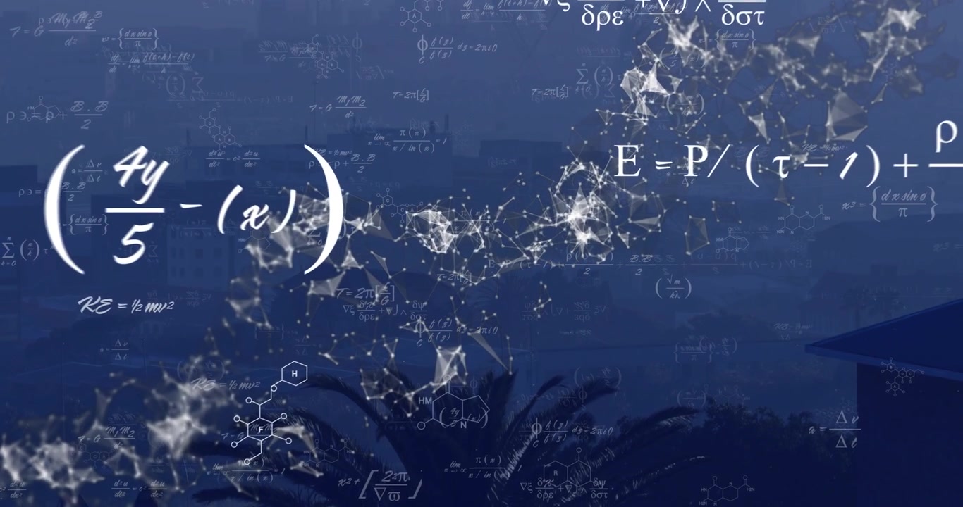 Node network emerging top, linking, blooming, drifting right, overlaying skyline, displaying math