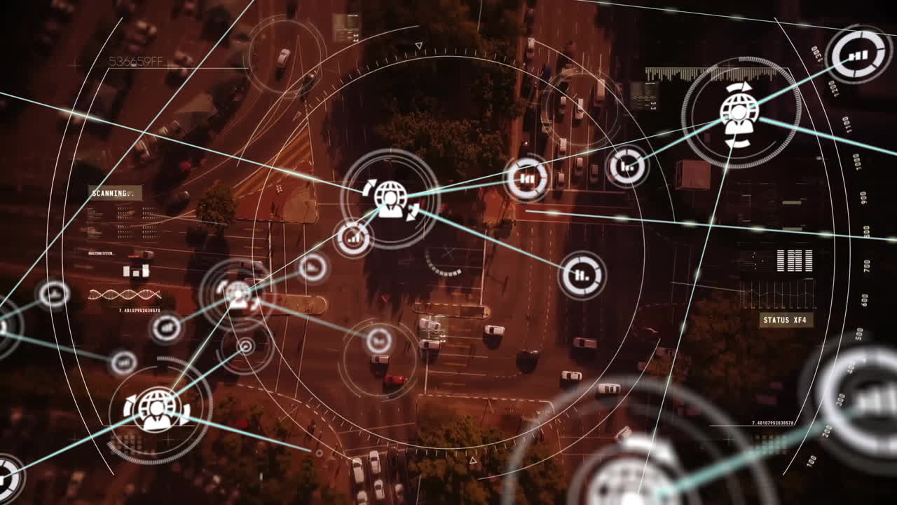 Network of connections and data processing animation over urban street scene
