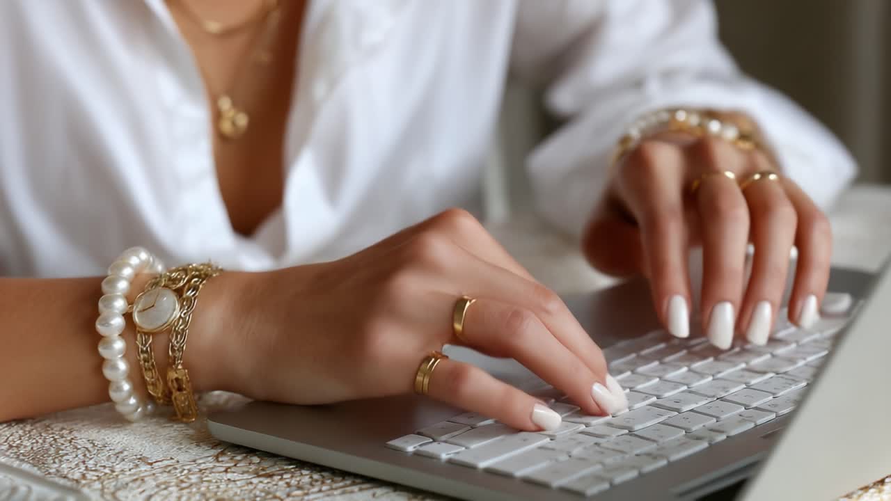 Mani eleganti che digitano su un laptop, mettendo in mostra gioielli alla moda e unghie curate, perfette per un blog di moda o lifestyle
