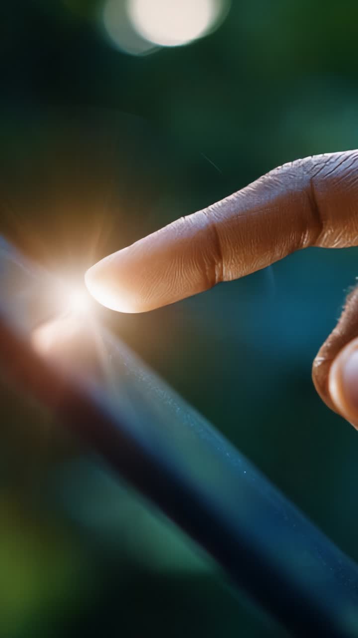 A close-up of a fingertip touching a smartphone screen, capturing the moment of interaction with technology and the vibrant glow of the display in natural light