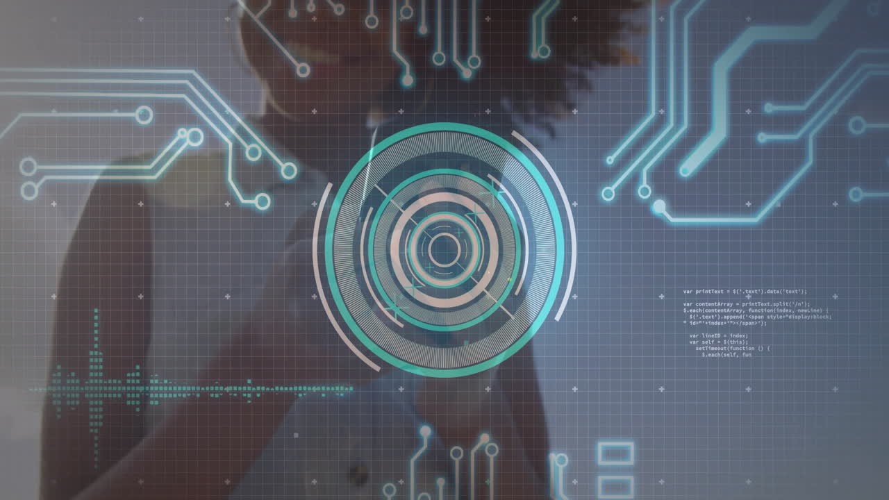 Futuristic animation with digital interface overlaying person in school environment