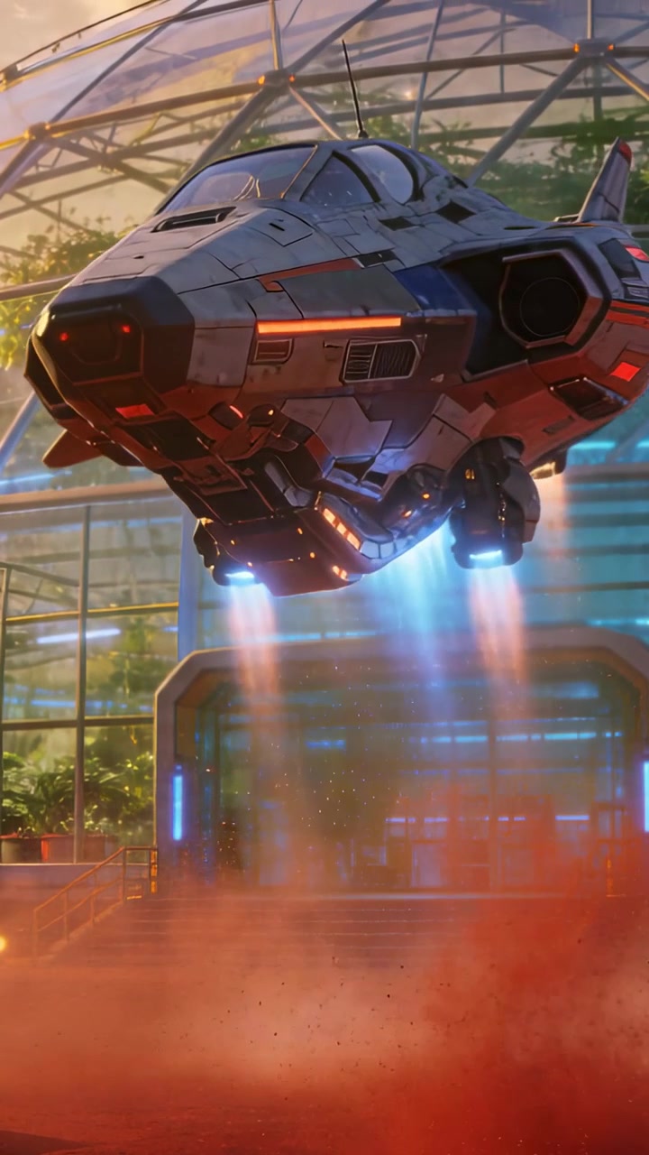 Vertical video: Igniting thrusters lifting VTOL craft through glass dome to exit, sending red dust