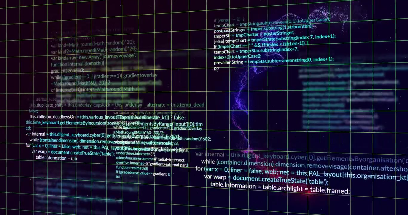 Neon-green wireframe grid emerging from void, scrolling code and pulsating wave to visualize data