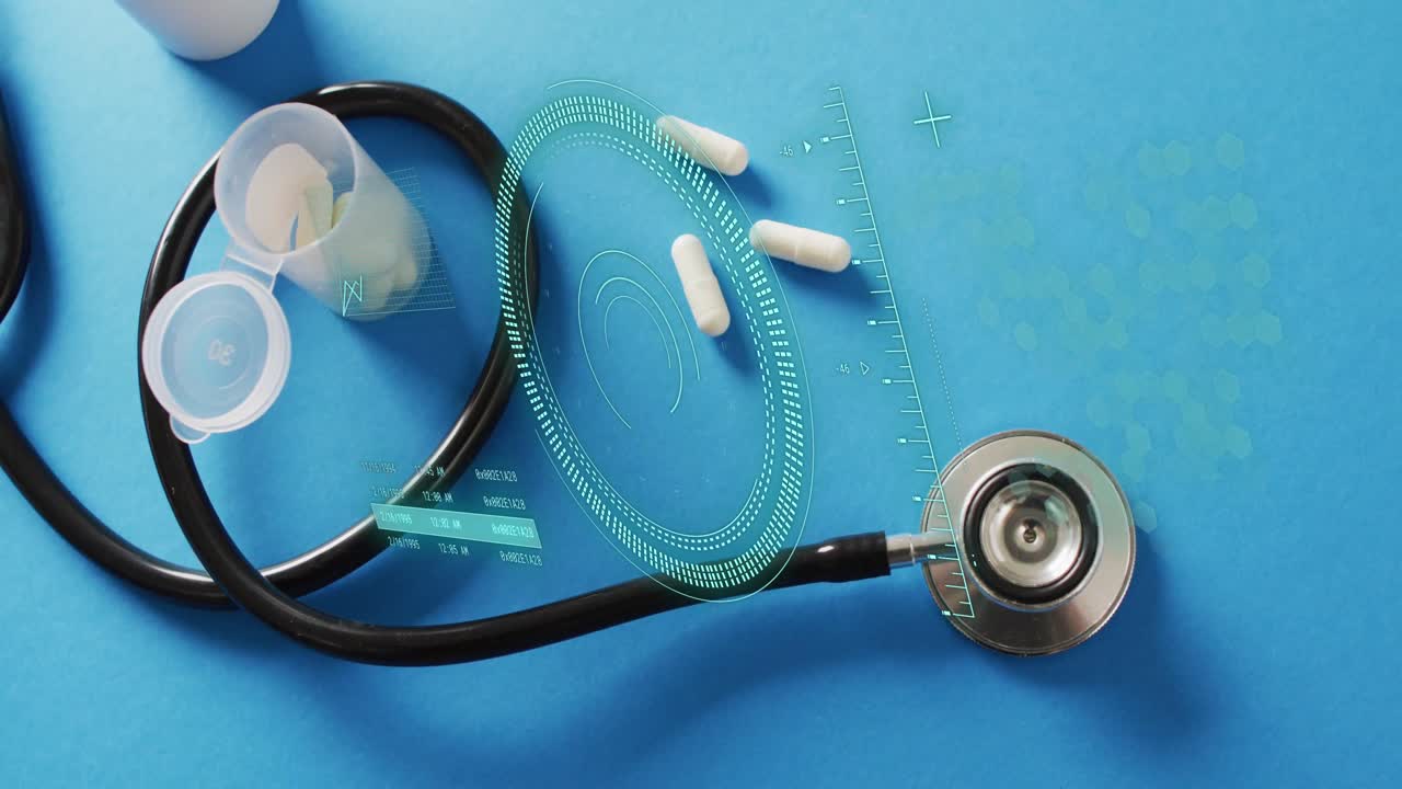 animation der datenverarbeitung und scanning über pillen und stethoskop