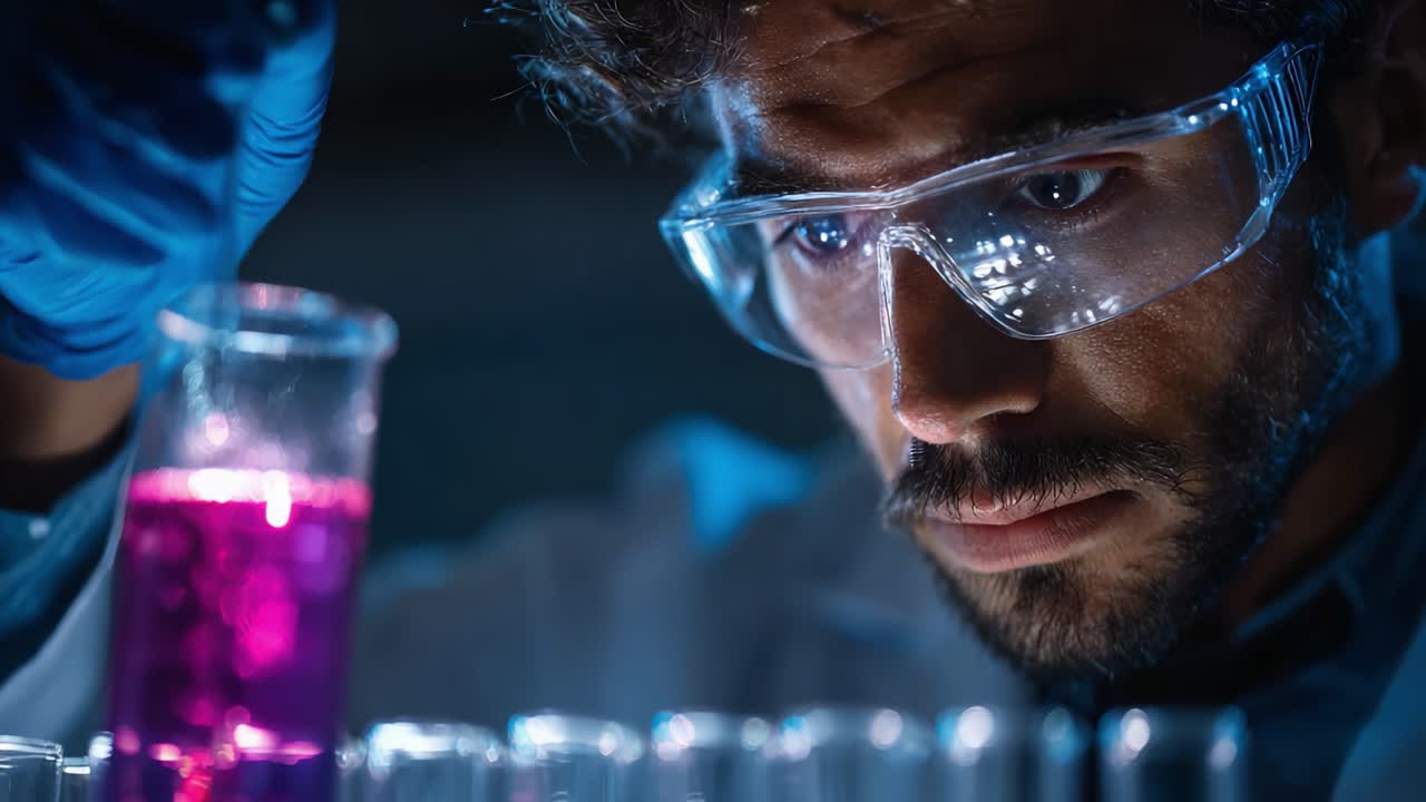 Focused Scientist Conducting Experiments with Colorful Liquids in a Lab Setting, Showcasing Analytical Skills and Precision in Scientific Research