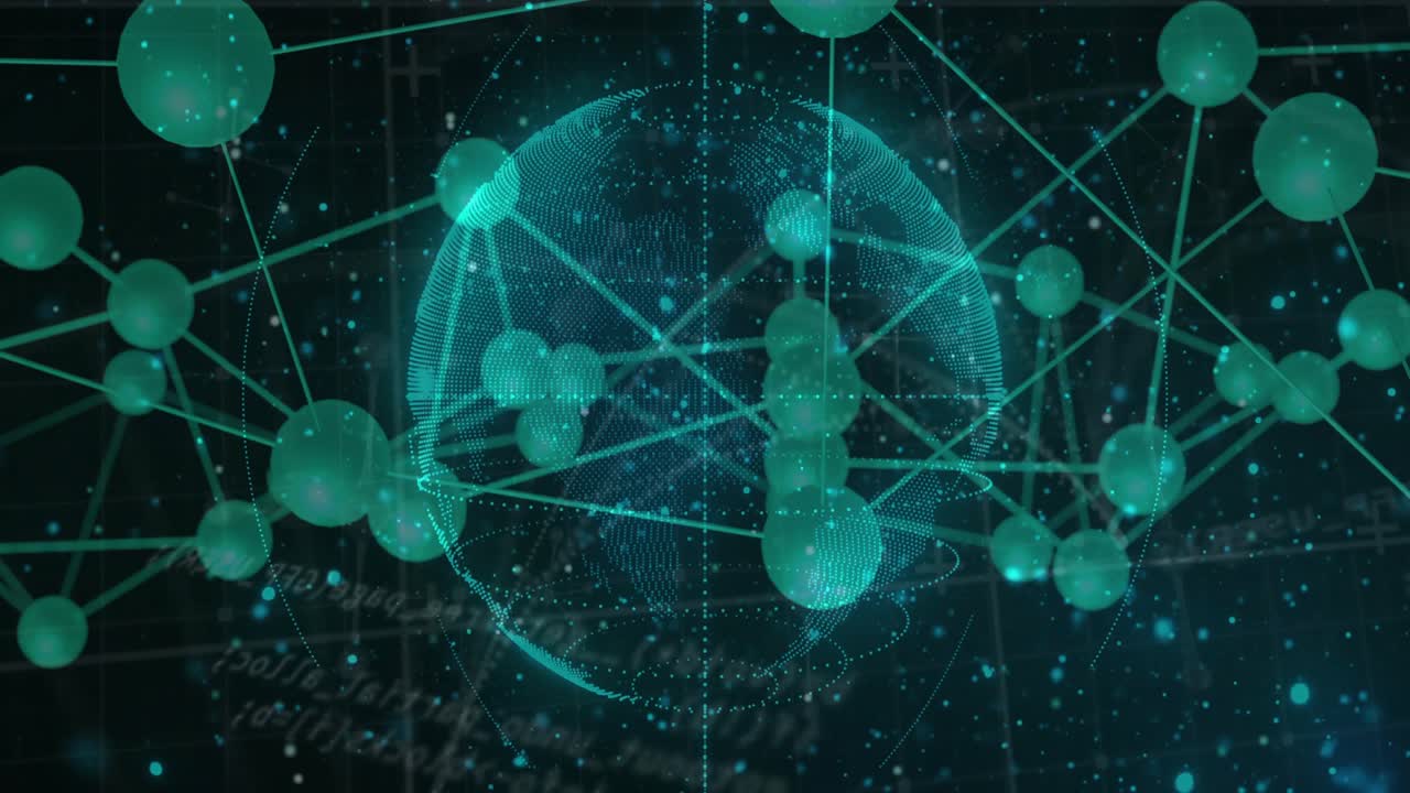 Faint 3D dotted globe appearing driving spheres linking glowing lines forming data network