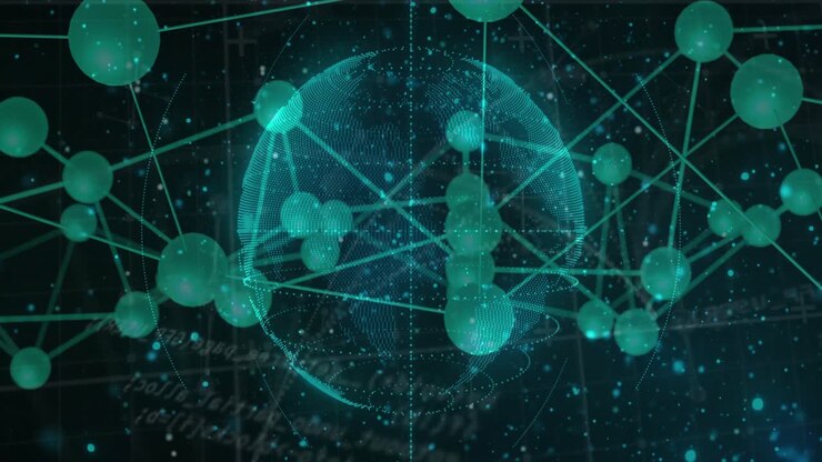 Faint 3D dotted globe appearing driving spheres linking glowing lines forming data network
