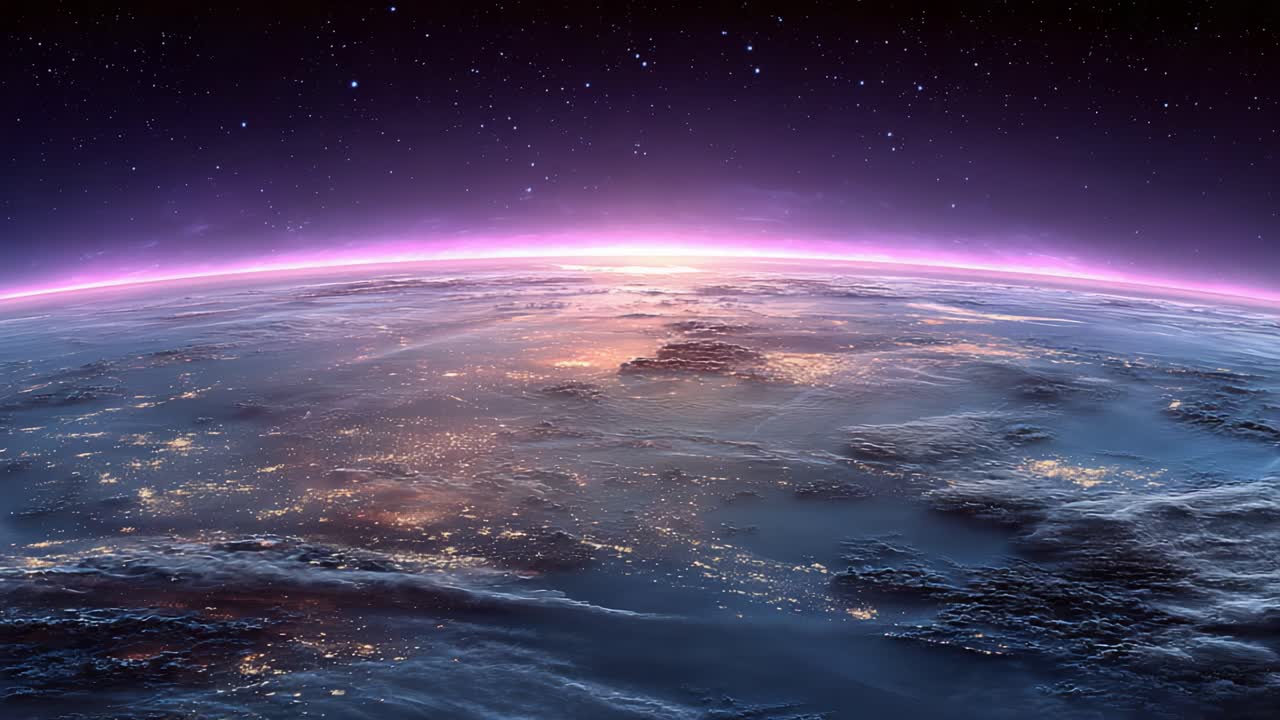 A Beautiful View of Earth from Space at Night with Illuminated Cities and Stars Scatterd Across the Sky, Showcasing the Planet's Beauty and Our Connection to the Universe
