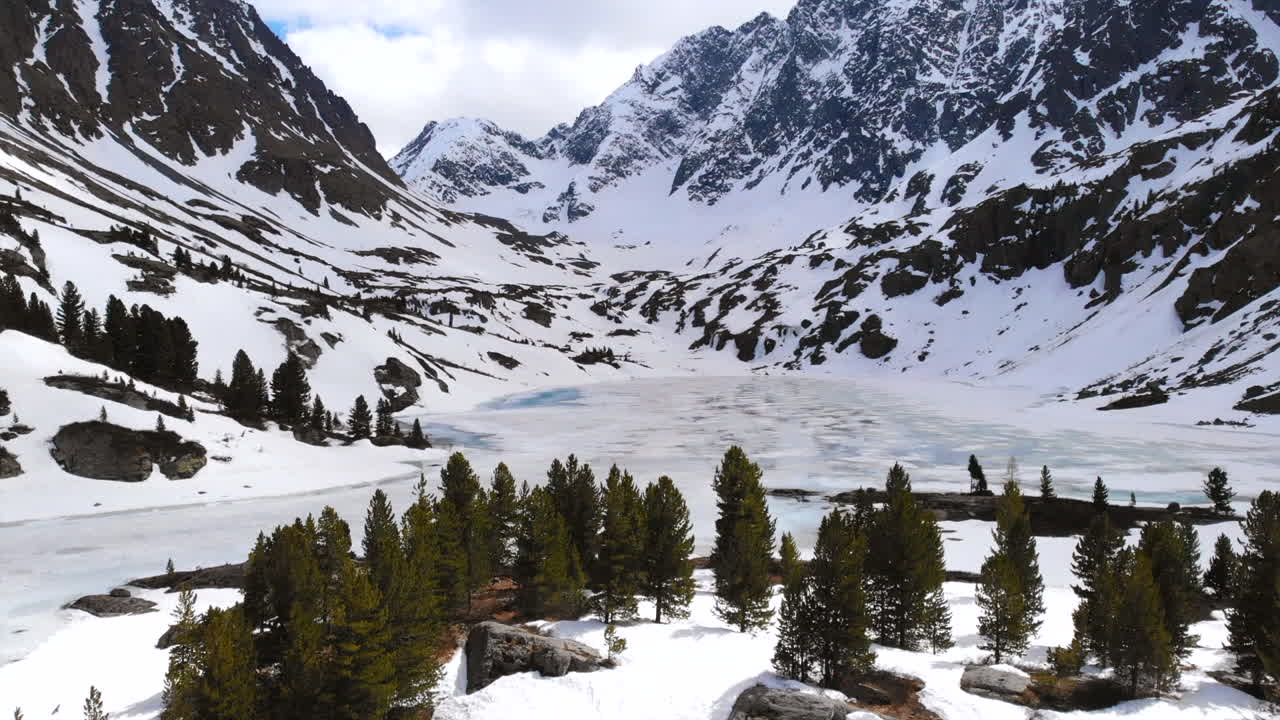 Winter Mountain Landscape with Frozen Lake and Evergreen Trees