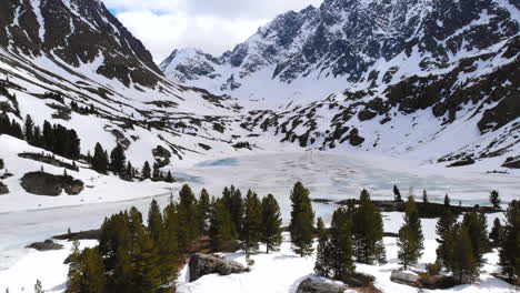 winter mountain landscape with frozen lake and evergreen trees