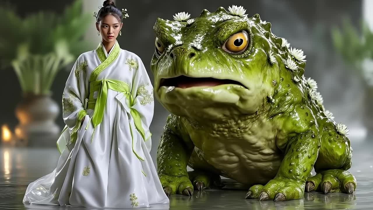 A woman in a white dress standing next to a green frog