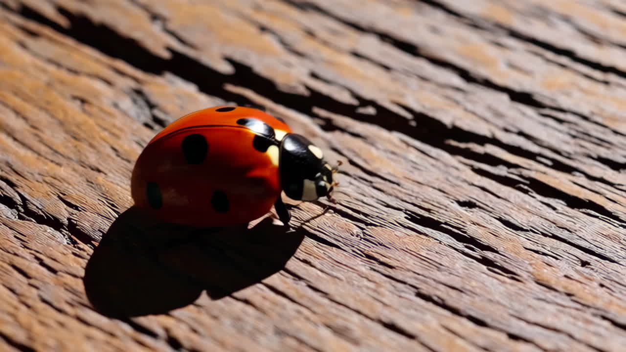 A close-up of a red ladybug with black spots on a wooden surface