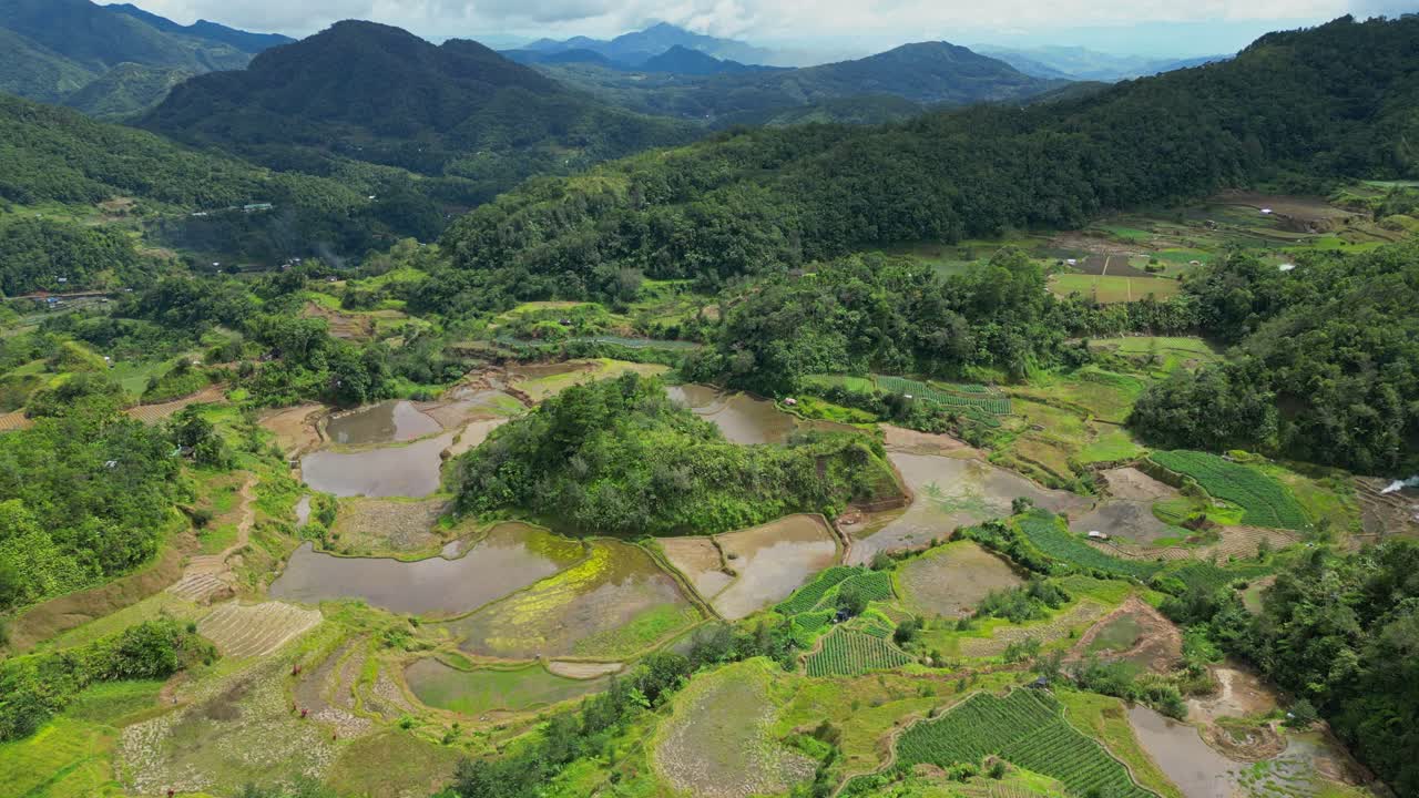 Panoramiczny, podwyższony widok z lotu ptaka na kultowe, naznaczone wodą Tarasy Ryżowe Banaue, ukazujące złożony krajobraz rolniczy Ifugao na Filipinach