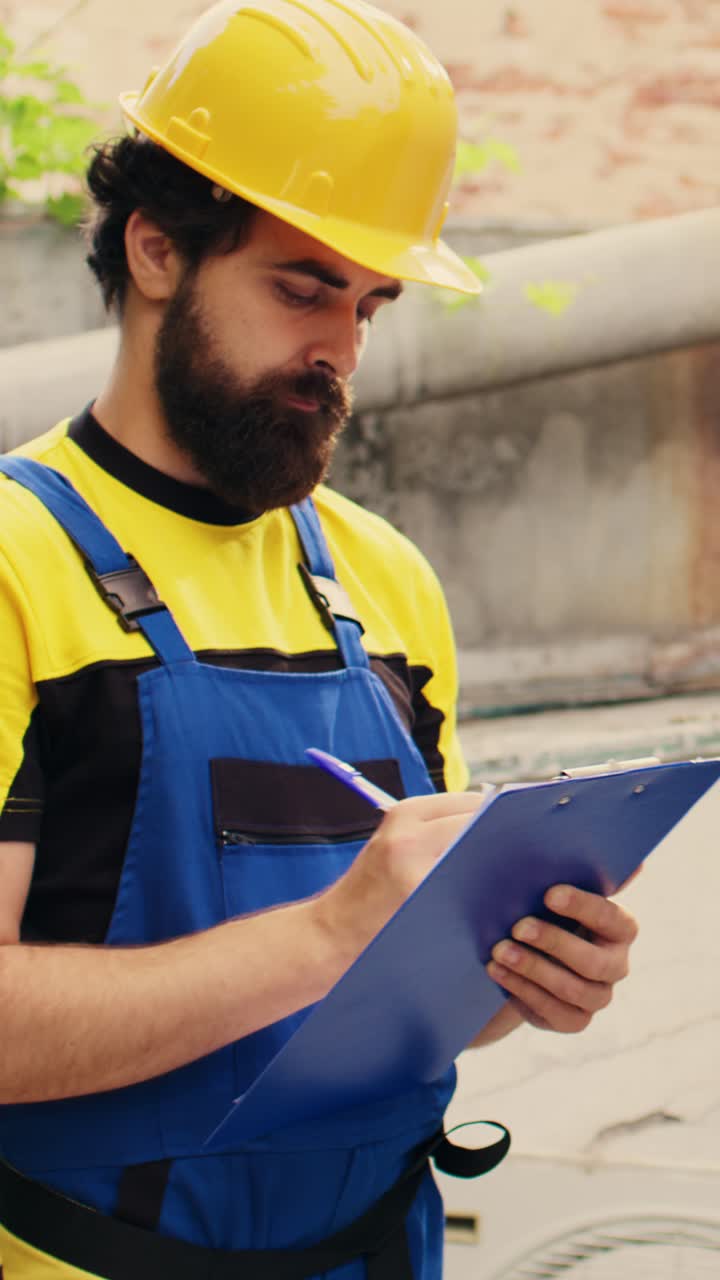 Vídeo vertical: Mecánico rellenando un contrato de seguro