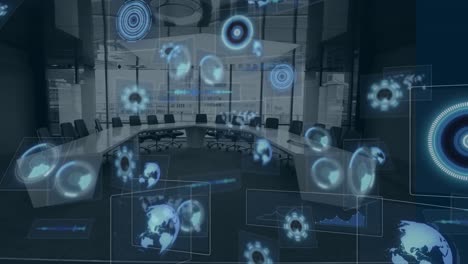 animación de múltiples escáneres redondos y procesamiento de datos contra la oficina vacía.