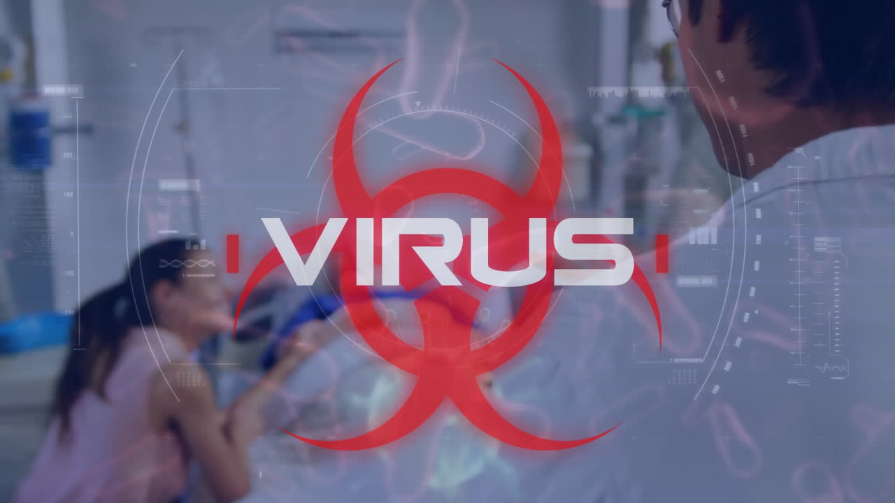 signo de peligro para la salud escrito con la palabra virus con una habitación de hospital con covid-19 extendiéndose en el fondo
