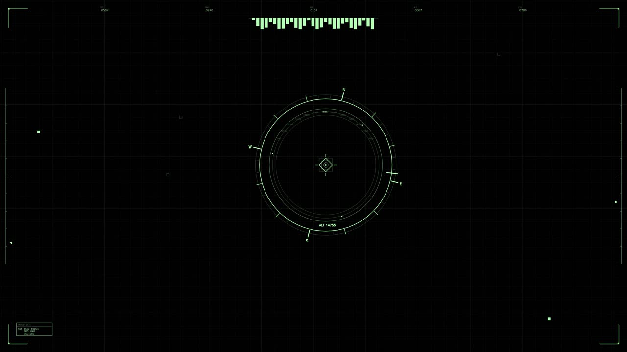 La scena mostra un heads-up display militare con mirini, punti radar e letture di dati. Questo display è progettato per contenuti video a tema fantascientifico o bellico.