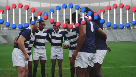 Animation-of-dna-strand-over-male-rugby-players-at-stadium