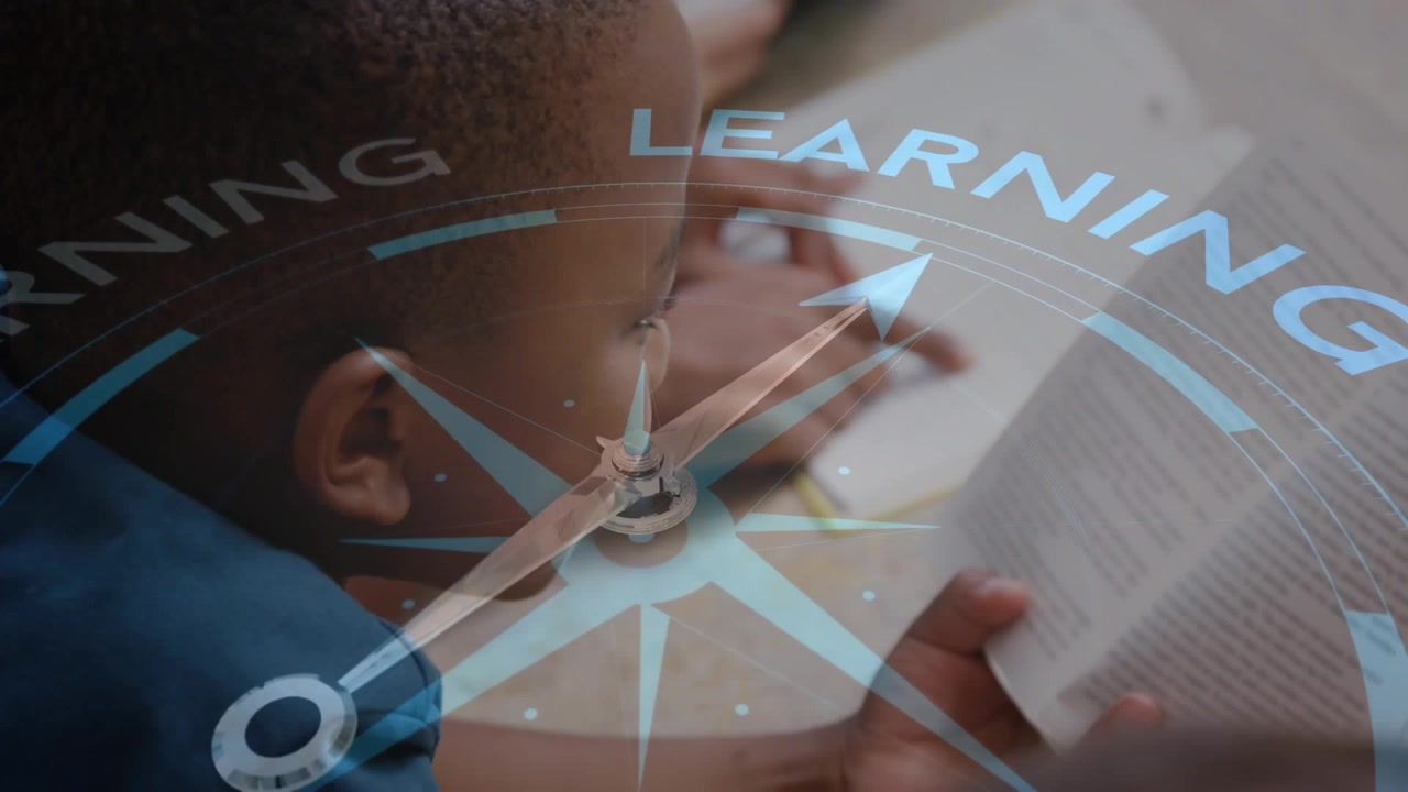 Animation of compass with text over african american boys reading book