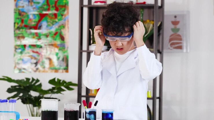 En ung studerende i en laboratoriekittel forbereder sig til et videnskabeligt eksperiment i skolen.