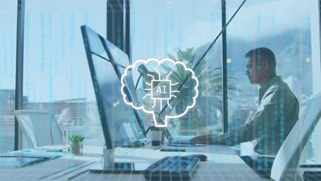 animación de procesamiento de datos ai sobre hombre de negocios caucásico usando computadora portátil