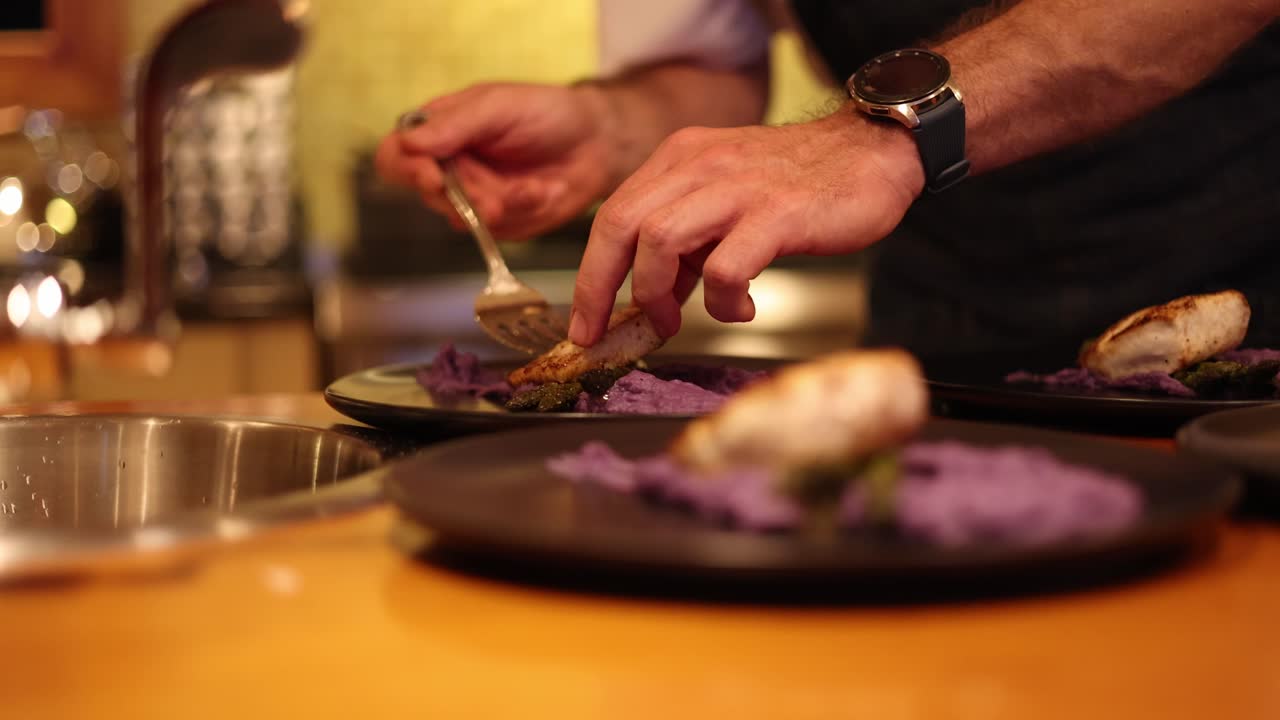 Gourmet Chef Plating Fish; Slow Cinematic Culinary Table