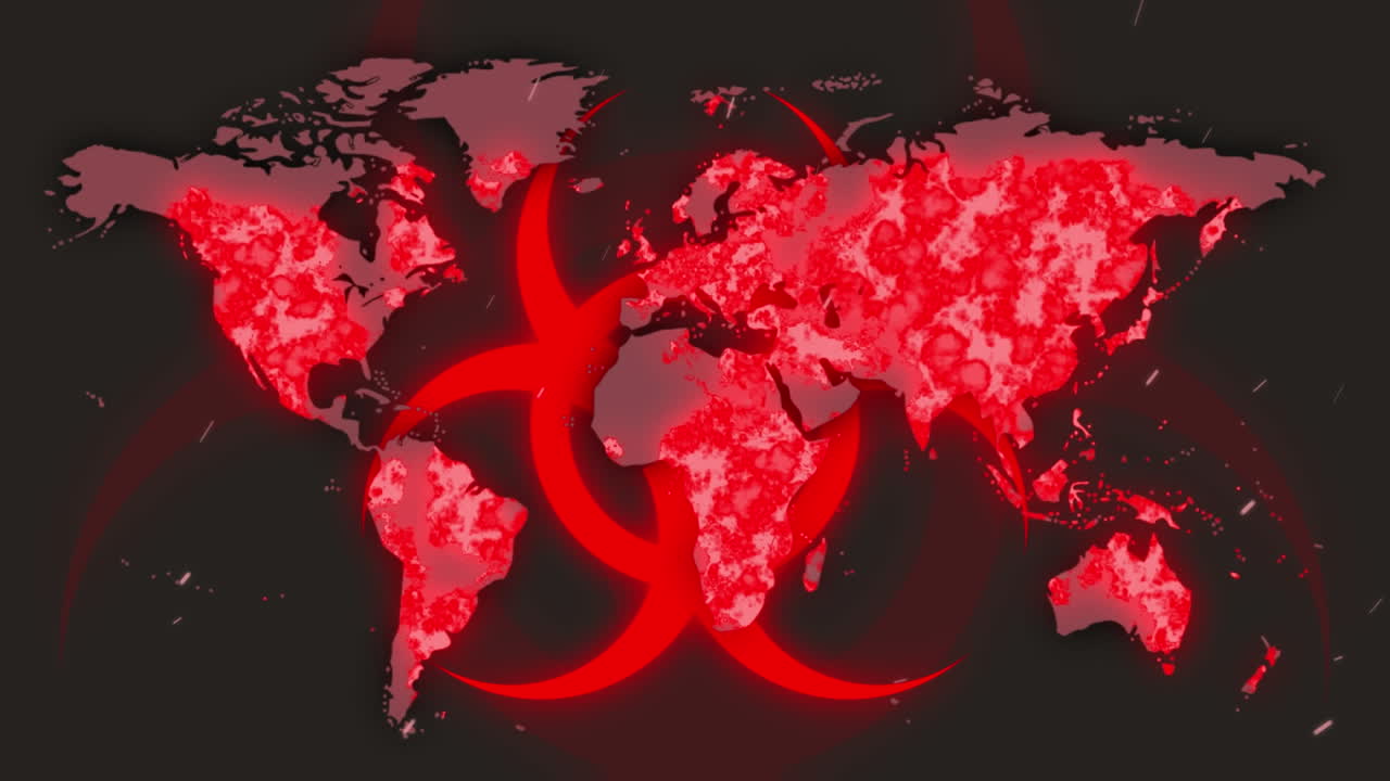 어두운 배경의 세계 지도 위에 경고의 애니메이션이 노래합니다.