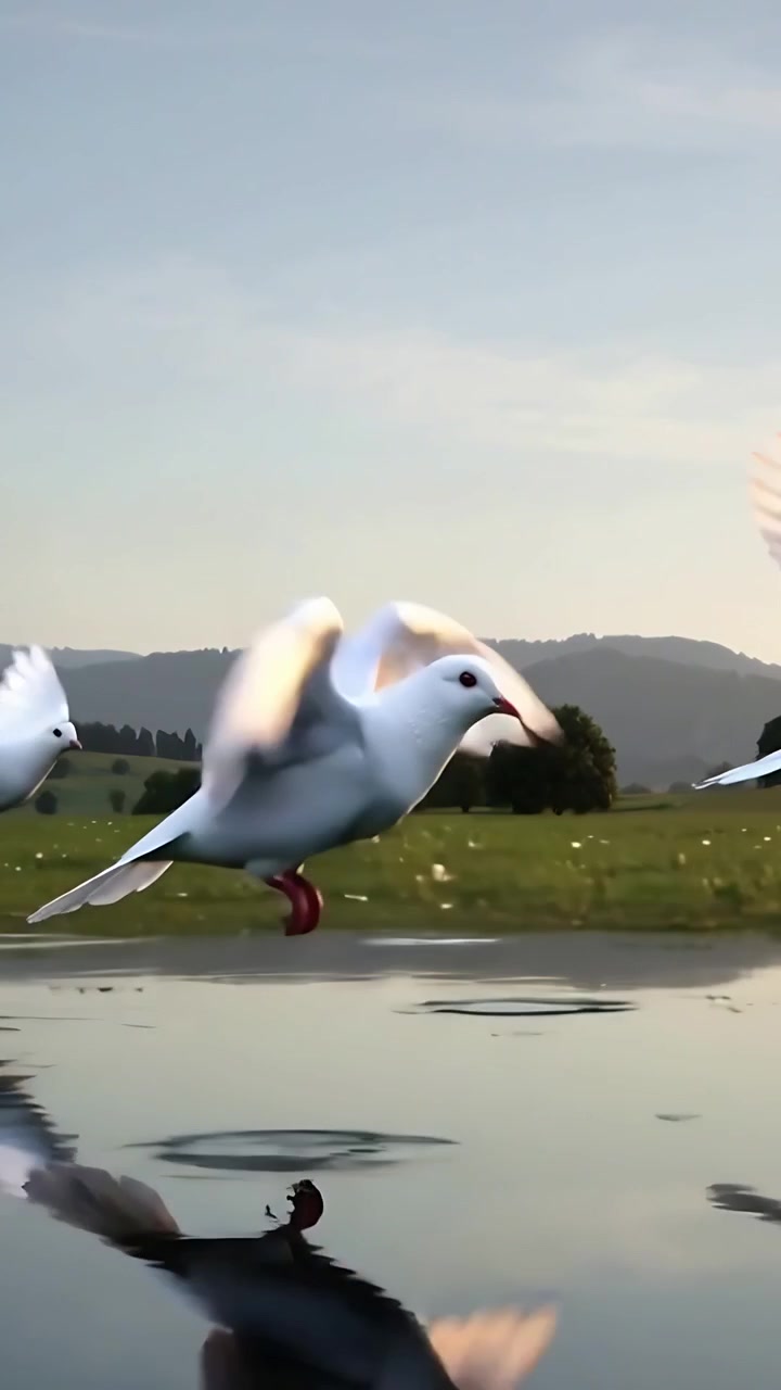 Vertical video: Wing flap from lead white dove sending flock rising low over pond toward trees