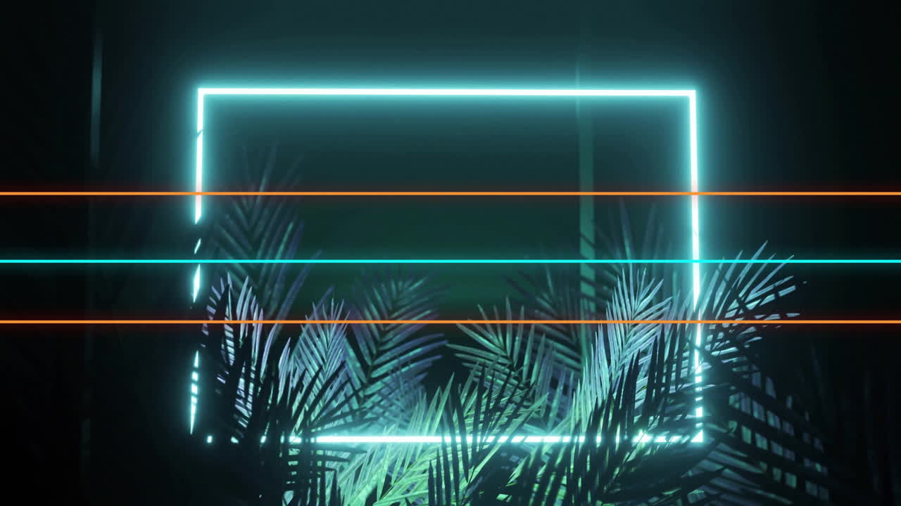 Glowing neon rectangle and lines over tropical palm leaves in dark setting