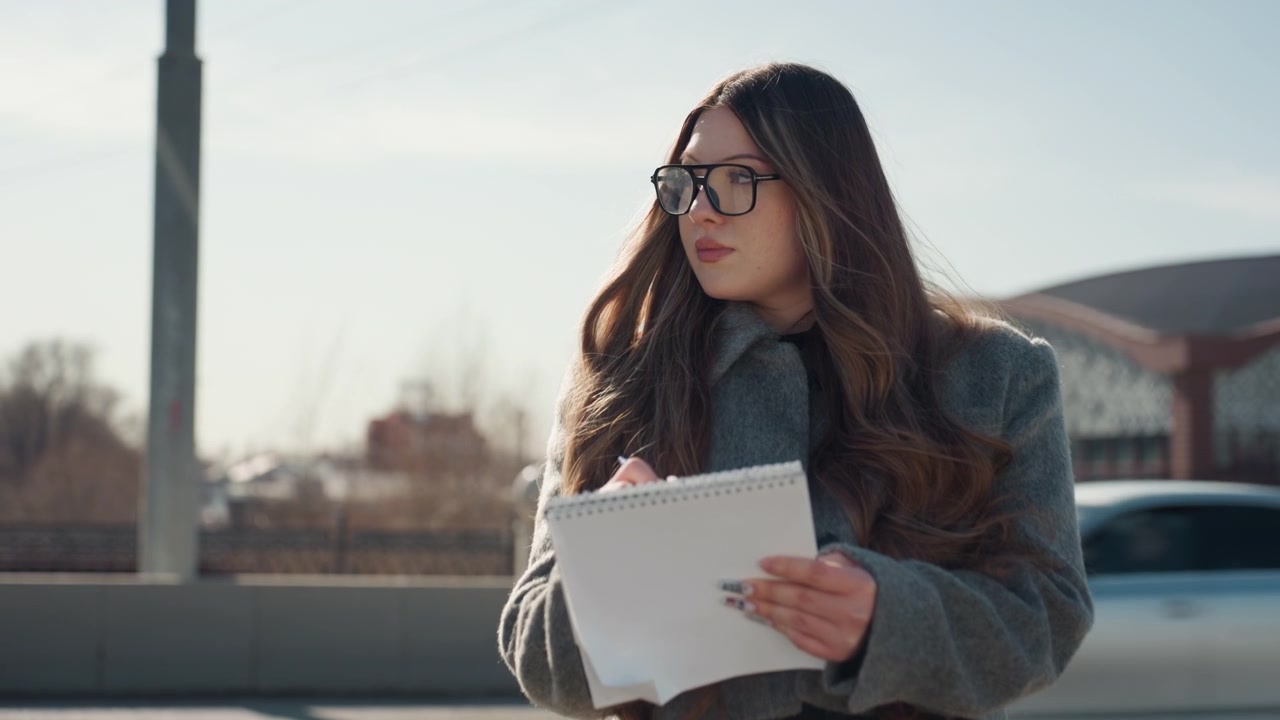 Mulher elegante desenhando. Mulher esboça em ponte durante o inverno. Mulher com caderno fica em ponte em tempo frio. Mulher de óculos esboça em ponte enquanto carros passam sob luz solar suave.