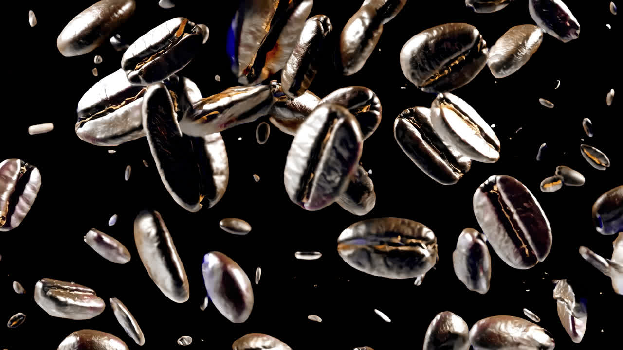 Floating roasted coffee beans art animated overlay, transparent 4K video, alpha channel, ProRes 4444