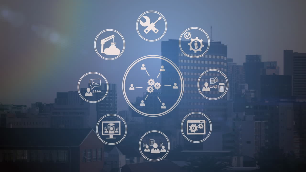 Animation of business icons moving over cityscape