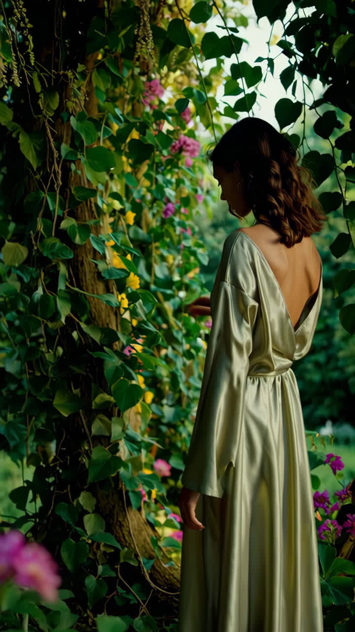 Woman in a light beige silk dress in a garden