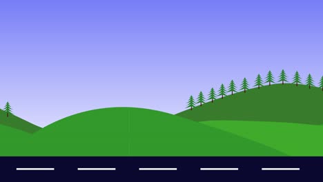 animación de paisajes naturales de colinas, montañas y carreteras, diseño plano, bucle sin costuras