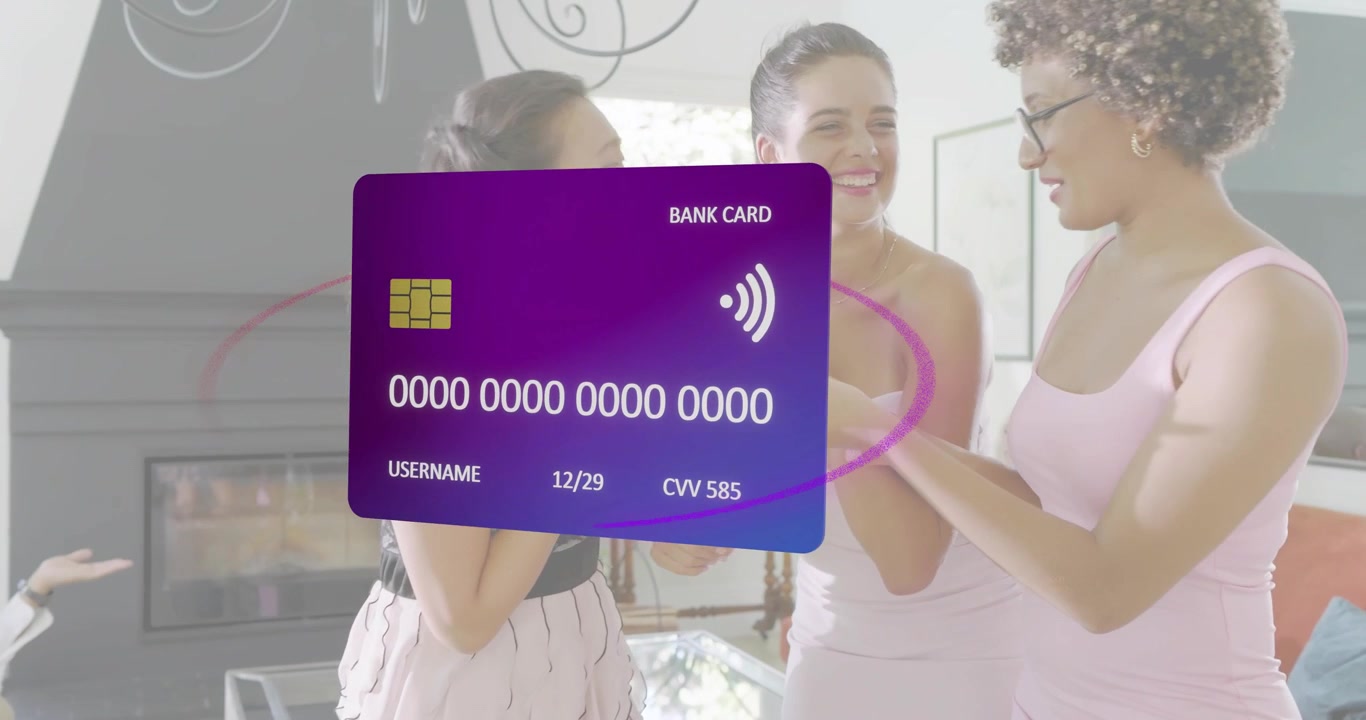 Swirling purple bank card orbiting revealing three women tapping smartphone paying as ring pulses